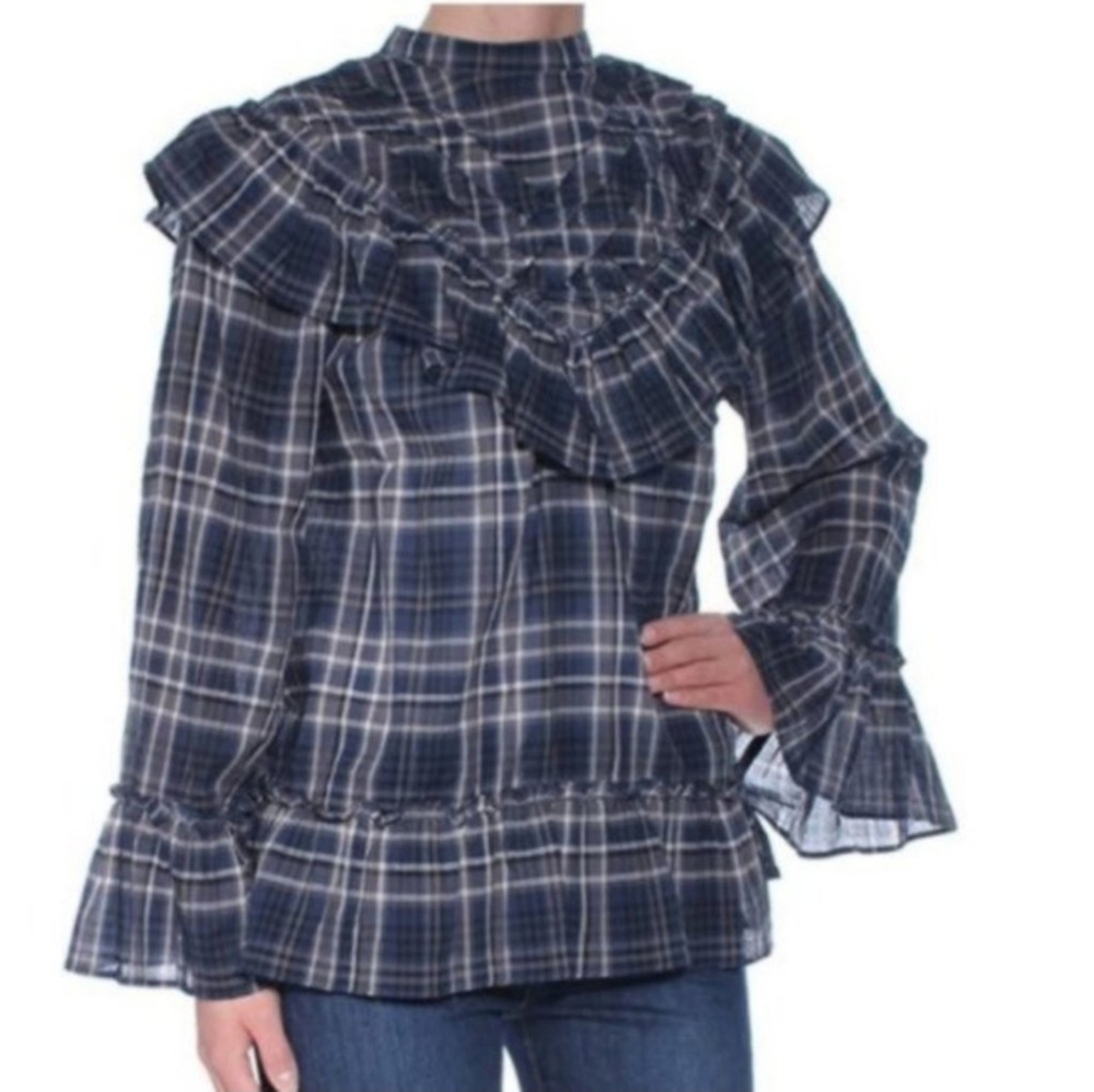 Max Studio Plaid Ruffle Peasant Blouse NWT - Picture 2 of 4